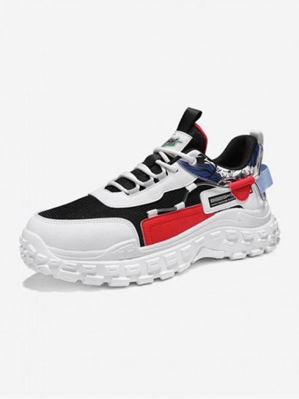 Mesh Panel Colorblock Graphic Lace Up Front Chunky Sneakers