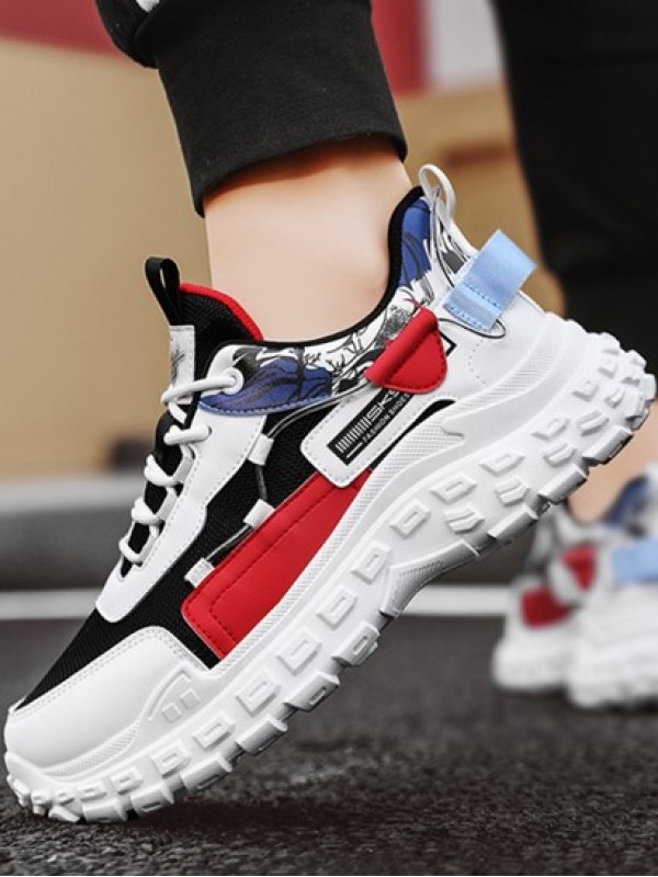 Mesh Panel Colorblock Graphic Lace Up Front Chunky Sneakers