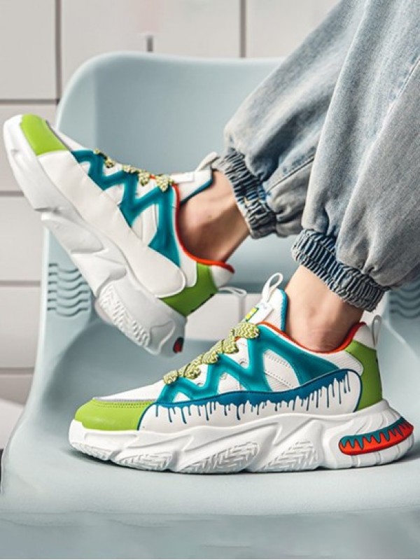 Colorblock Letter Lapel Design Lace Up Front Sports Chunky Sneakers