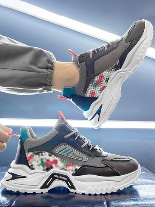 Letter Printed Lace Up Front Mesh Panel Chunky Sneakers