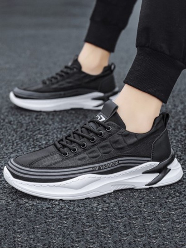 Letter Stripes Panel Textured Lace Up Front Sports Shoes