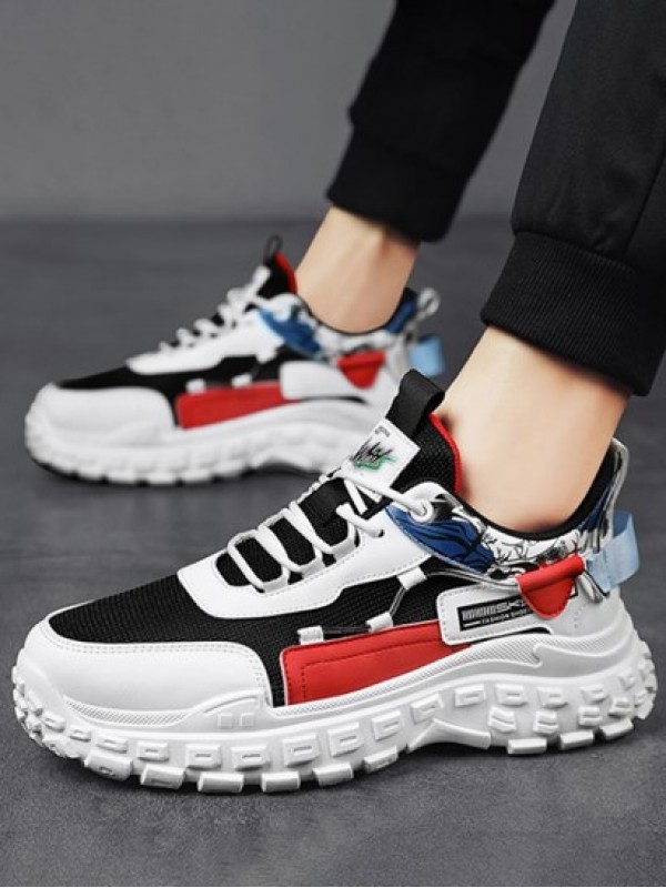 Mesh Panel Colorblock Graphic Lace Up Front Chunky Sneakers