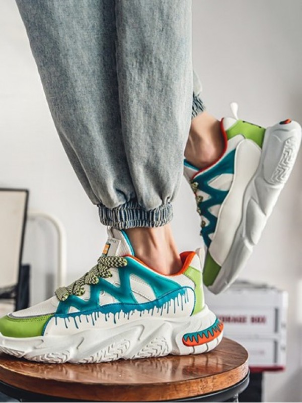 Colorblock Letter Lapel Design Lace Up Front Sports Chunky Sneakers