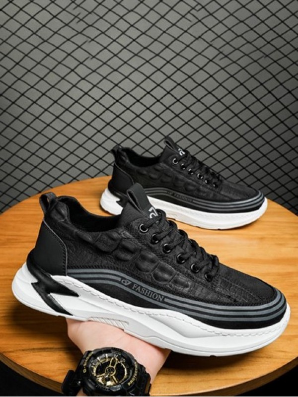 Letter Stripes Panel Textured Lace Up Front Sports Shoes