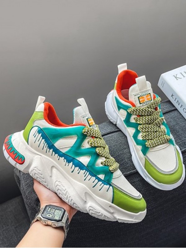 Colorblock Letter Lapel Design Lace Up Front Sports Chunky Sneakers